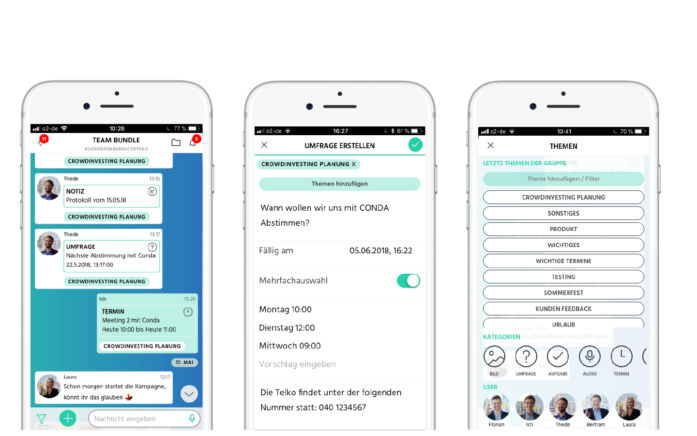 Abb.: bundle App-Screens: Chatansicht, Umfrage, Übersicht
